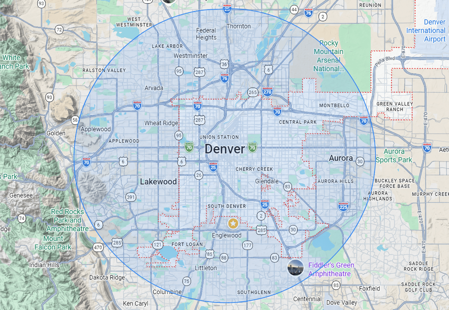 Map-style graphic showing Untouchable Carpet Repair service area around Denver, Colorado